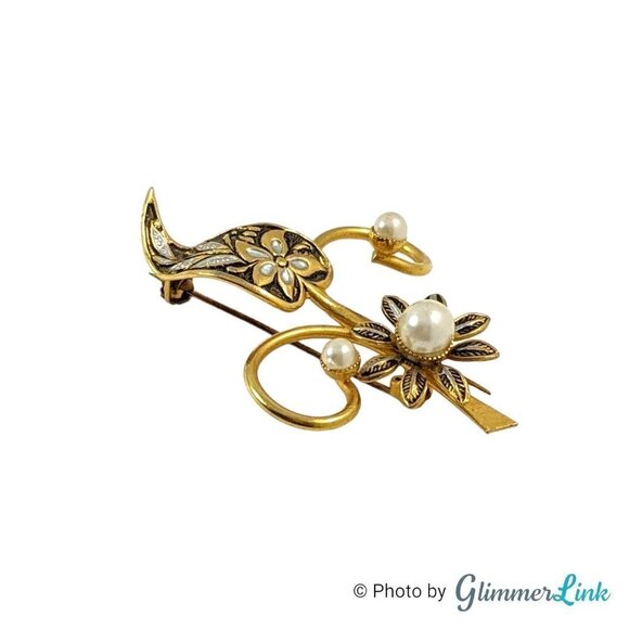 Vintage Damascene Style Floral Faux Pearl Gold Tone Brooch - Picture 3 of 6